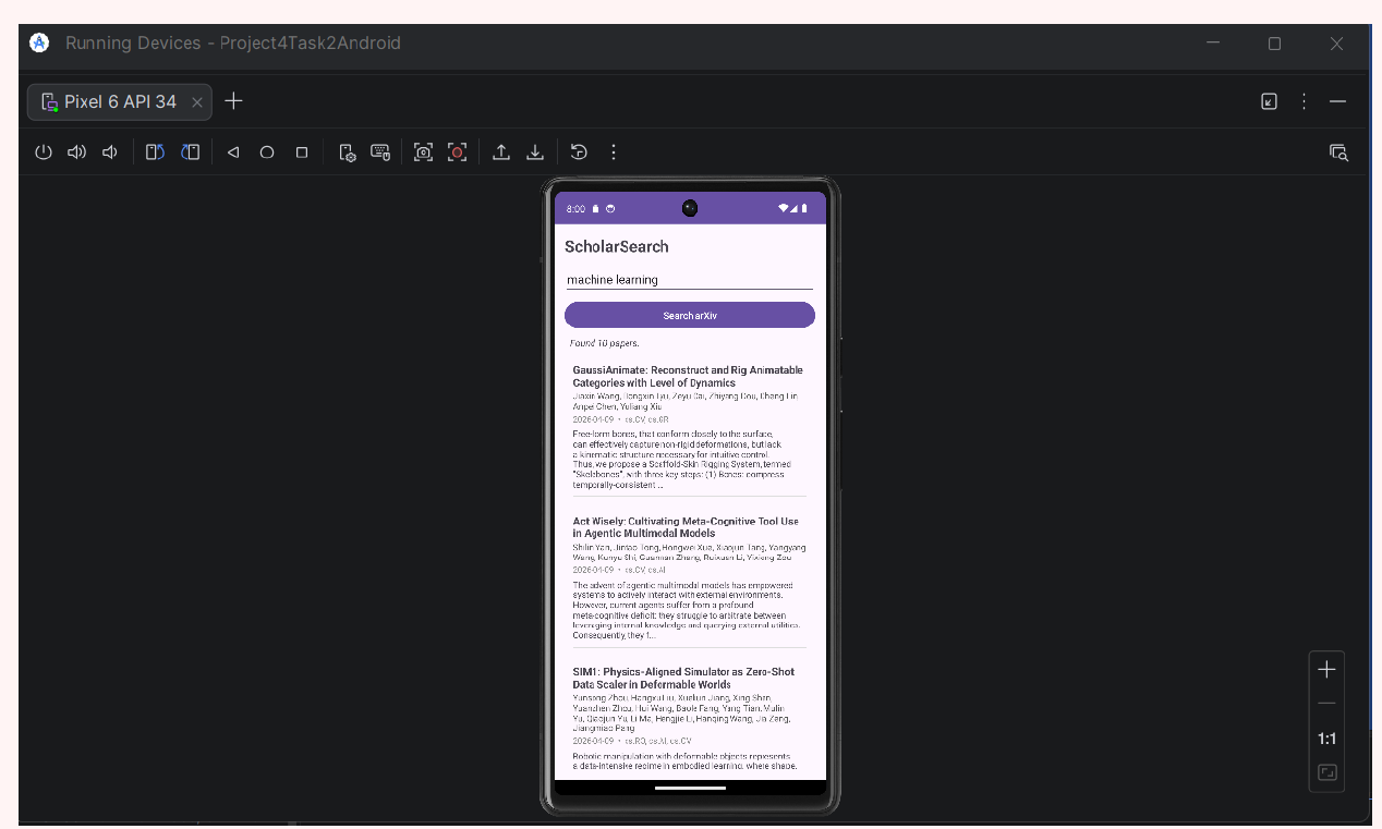 ScholarSearch Android client showing arXiv search results