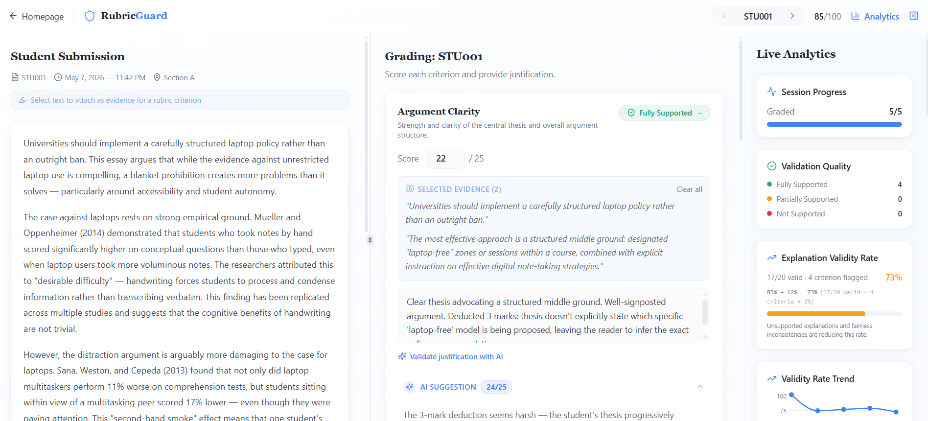 Per-criterion grading view with live analytics